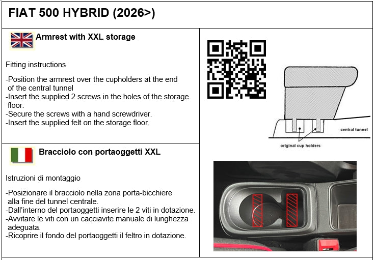 Fiat 500 Hybride (depuis 2026) accoudoir