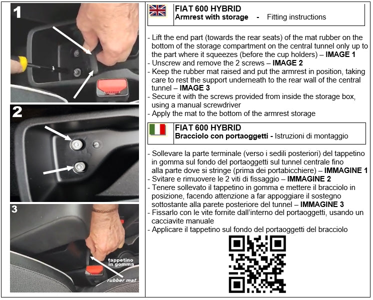 Fiat 600 Hybrid bracciolo - installazione senza fori