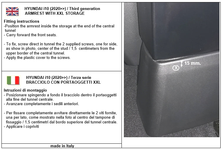 Hyundai i10 (depuis 2019) - accoudoir - montage par emboîtement