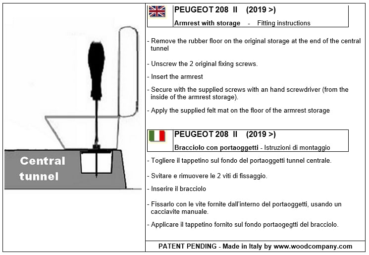 Peugeot 208 (desde 03/2019) - apoio de braço - instalação sem furos