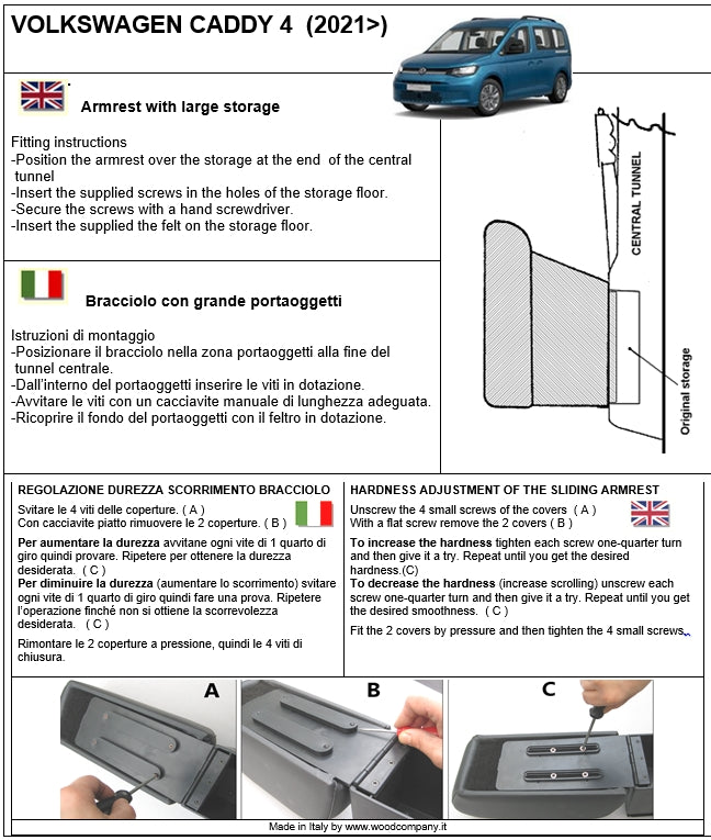 Volkswagen Caddy 5 serie (dal 2021) bracciolo - installazione invisibile